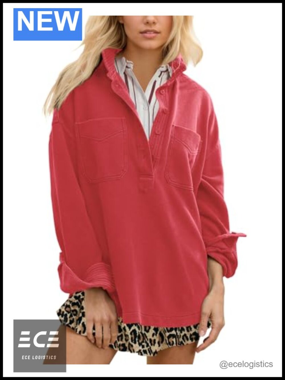 Oversized Polo Neck Sweatshirt Cotton Pullover Top Slouchy Casual Fall